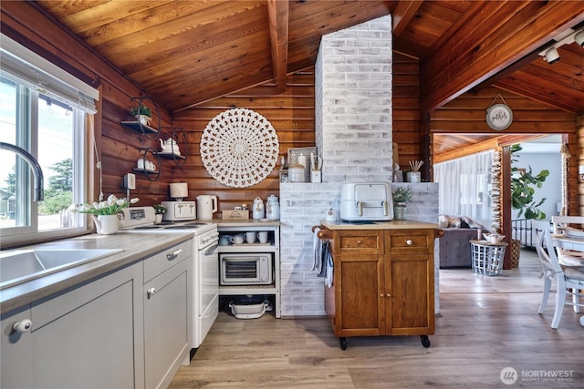 724 Walters Ln, Point Roberts, WA 98281 - kitchen with electric range, wood ceiling, light wood-style flooring, log walls, and light countertops