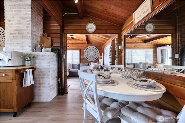724 Walters Ln, Point Roberts, WA 98281 - dining area with wooden ceiling, wood walls, and light wood-type flooring