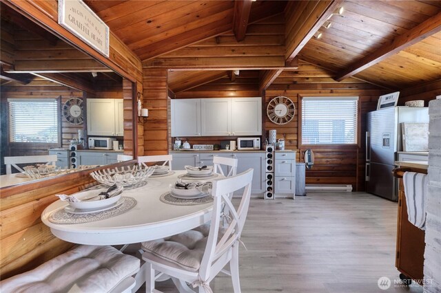 724 Walters Ln, Point Roberts, WA 98281 - dining space with wood walls, light wood-type flooring, and wood ceiling