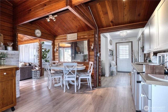 724 Walters Ln, Point Roberts, WA 98281 - kitchen with light wood-type flooring, wood ceiling, white cabinets, and wooden walls