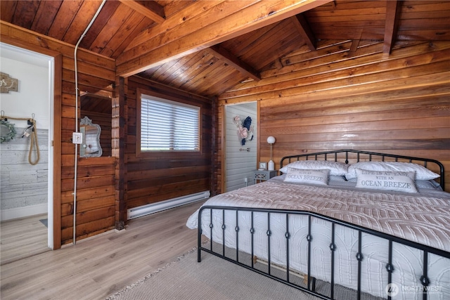 724 Walters Ln, Point Roberts, WA 98281 - bedroom featuring wooden walls, wood ceiling, light wood-style floors, and a baseboard radiator