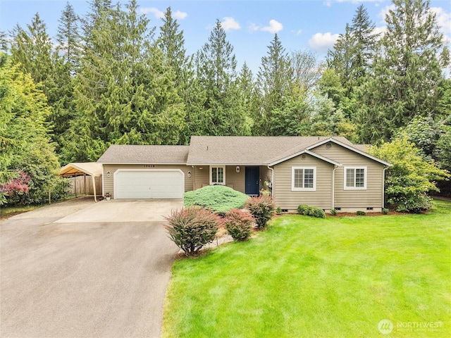 15428 Bornstein Ln SE, Yelm, WA 98597 - ranch-style house with concrete driveway, crawl space, an attached garage, and a front lawn