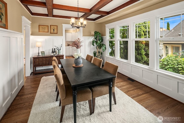 4010 Interlake Ave N, Seattle, WA 98103 - dining area featuring a decorative wall, a chandelier, plenty of natural light, coffered ceiling, and wainscoting