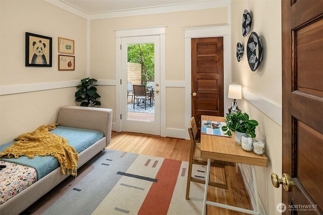 4010 Interlake Ave N, Seattle, WA 98103 - bedroom with light wood-style floors, access to outside, and ornamental molding