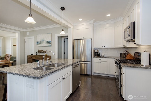 100 Horseshoe Ln, Pacific Beach, WA 98571 - kitchen featuring appliances with stainless steel finishes, dark stone counters, white cabinetry, pendant lighting, and dark wood-type flooring