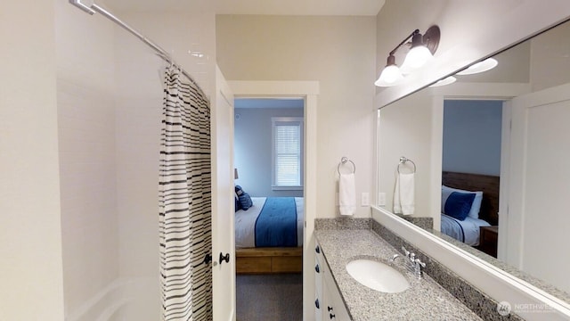 100 Horseshoe Ln, Pacific Beach, WA 98571 - full bath with connected bathroom, vanity, and shower / bathtub combination with curtain