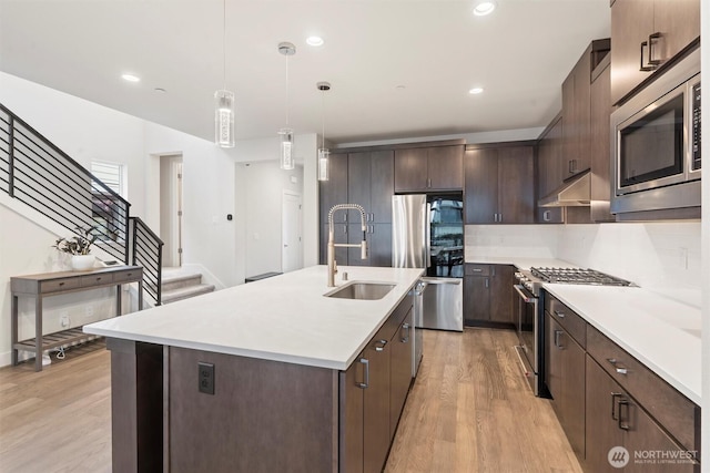 26637 NE Boyd Way Unit 102, Duvall, WA 98019 - kitchen with appliances with stainless steel finishes, light wood-style flooring, under cabinet range hood, dark brown cabinetry, and light countertops