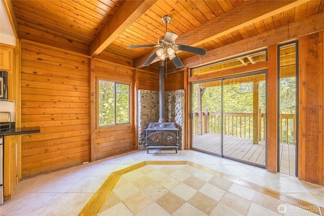 71 Waggler Way, Sequim, WA 98382 - unfurnished living room featuring a wood stove, a wood ceiling with exposed beams, healthy amount of natural light, wooden walls, and a ceiling fan