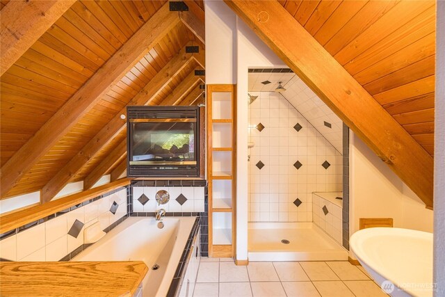 71 Waggler Way, Sequim, WA 98382 - full bath featuring wooden ceiling, a bath, tile patterned flooring, and a stall shower