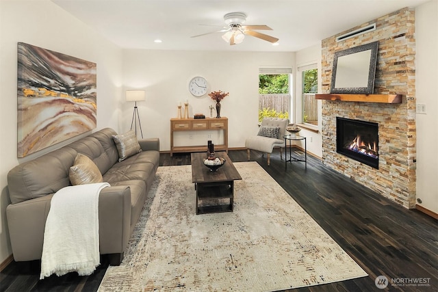 12820 SE 243rd St, Kent, WA 98030 - living room with a ceiling fan, a fireplace, dark wood-style floors, and recessed lighting