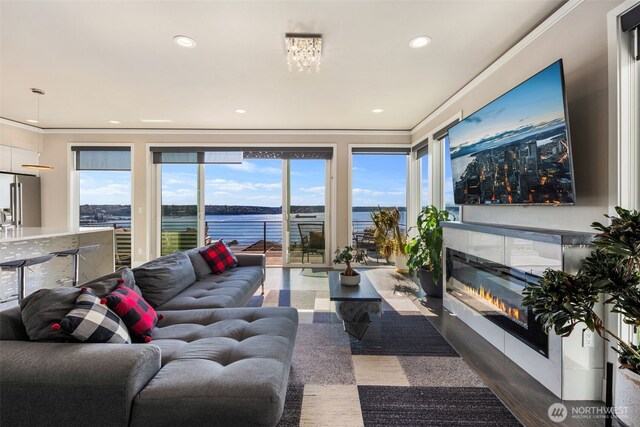 1422 Browns Point Blvd, Tacoma, WA 98422 - living area with plenty of natural light, a glass covered fireplace, recessed lighting, and ornamental molding