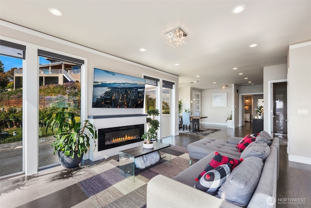 1422 Browns Point Blvd, Tacoma, WA 98422 - living room featuring recessed lighting, wood finished floors, and a glass covered fireplace