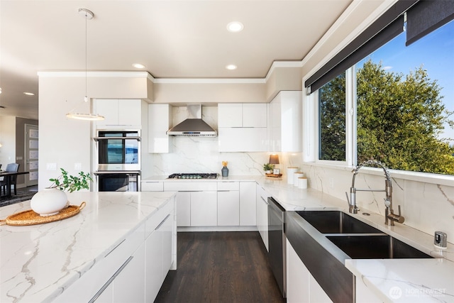 1422 Browns Point Blvd, Tacoma, WA 98422 - kitchen with wall chimney exhaust hood, modern cabinets, light stone countertops, stainless steel appliances, and recessed lighting