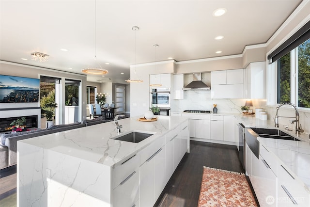 1422 Browns Point Blvd, Tacoma, WA 98422 - kitchen featuring modern cabinets, wall chimney exhaust hood, double oven, white cabinetry, and recessed lighting