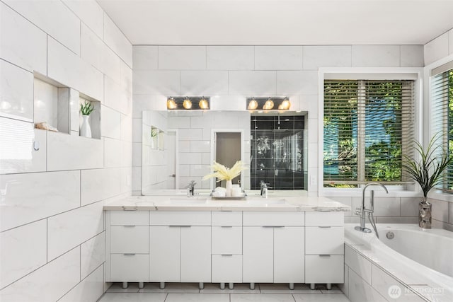 1422 Browns Point Blvd, Tacoma, WA 98422 - full bath featuring double vanity, a garden tub, tile patterned floors, tile walls, and tiled shower