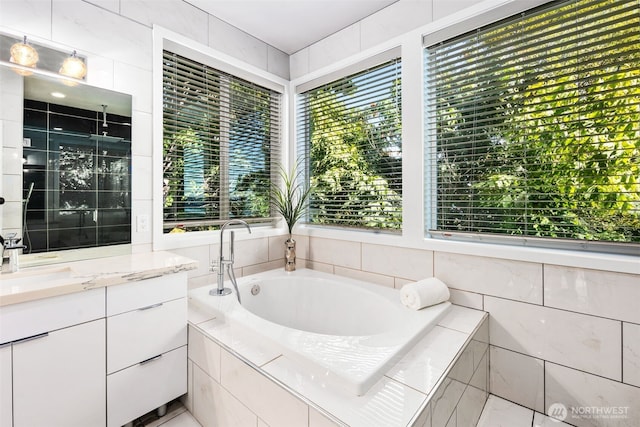 1422 Browns Point Blvd, Tacoma, WA 98422 - bathroom with vanity, a garden tub, and a tile shower