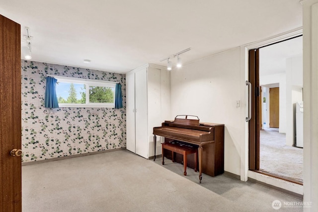 4210 Lakeway Dr, Bellingham, WA 98229 - living area with rail lighting, wallpapered walls, carpet floors, and washer / dryer