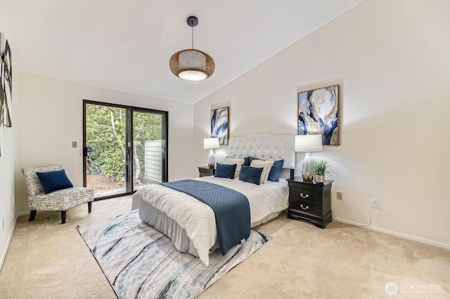 16142 SE 33rd Ln, Unit Bellevue, WA 98008 - bedroom featuring light carpet, access to exterior, and vaulted ceiling