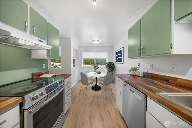 7021 Sand Point Way NE Unit B201, Seattle, WA 98115 - kitchen featuring stainless steel appliances, wooden counters, under cabinet range hood, and green cabinets