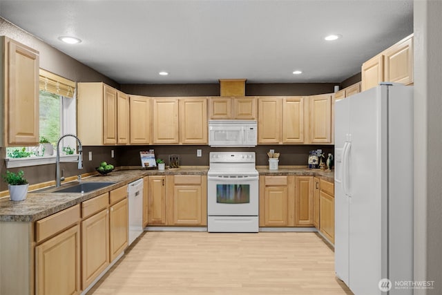 19221 Patterson Rd E, Orting, WA 98360 - kitchen featuring white appliances, light brown cabinets, light wood-style floors, and recessed lighting