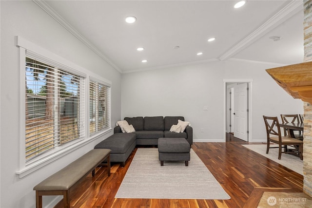 4248 A St SE Unit 423, Auburn, WA 98002 - living area with wood finished floors, recessed lighting, and crown molding