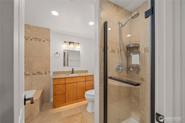 4248 A St SE Unit 423, Auburn, WA 98002 - bathroom with a stall shower, vanity, ornamental molding, a garden tub, and tile patterned floors