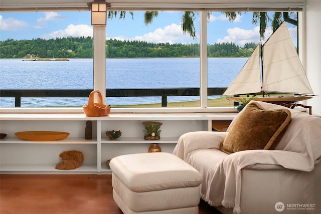 11212 SW 125th St, Vashon, WA 98070 - living area featuring wood finished floors, a water view, and a forest view