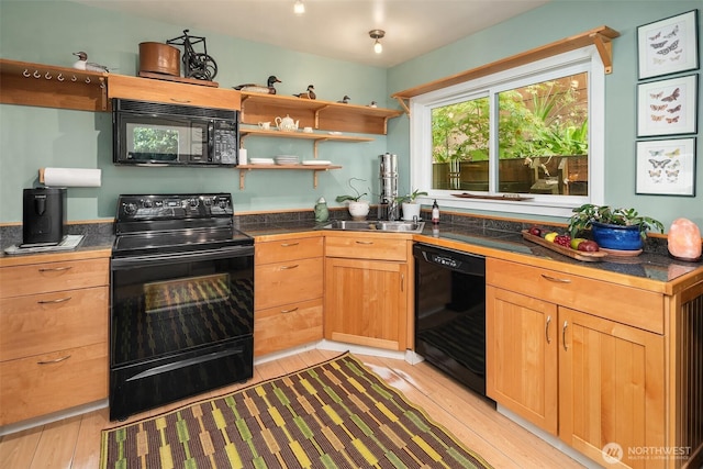 11212 SW 125th St, Vashon, WA 98070 - kitchen featuring black appliances, light wood-style flooring, light brown cabinetry, and open shelves