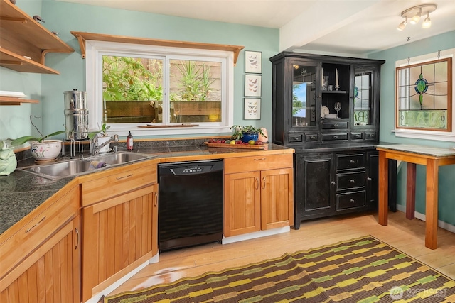 11212 SW 125th St, Vashon, WA 98070 - kitchen featuring dishwasher, light wood-style flooring, open shelves, and tile countertops