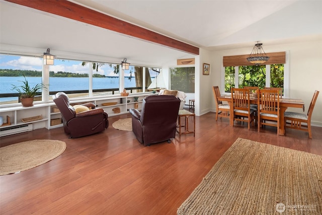 11212 SW 125th St, Vashon, WA 98070 - living room with wood finished floors, beam ceiling, and a water view