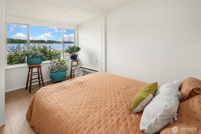 11212 SW 125th St, Vashon, WA 98070 - bedroom with wood finished floors, a water view, and a baseboard radiator