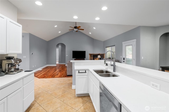 10 Legacy Ln, Elma, WA 98541 - kitchen featuring arched walkways, stainless steel dishwasher, ceiling fan, light countertops, and recessed lighting