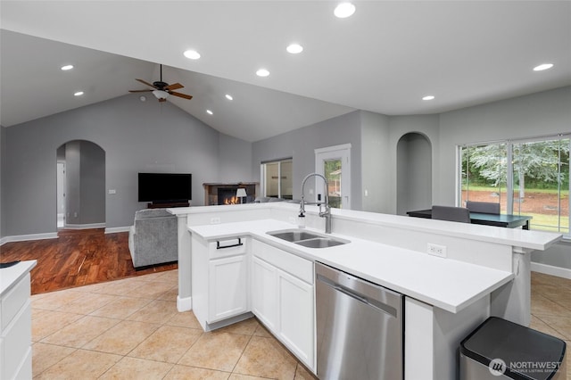 10 Legacy Ln, Elma, WA 98541 - kitchen with stainless steel dishwasher, arched walkways, open floor plan, ceiling fan, and recessed lighting