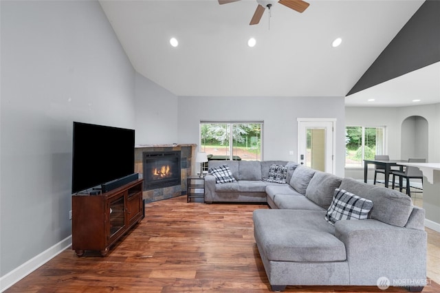 10 Legacy Ln, Elma, WA 98541 - living area with high vaulted ceiling, a fireplace, recessed lighting, ceiling fan, and wood finished floors