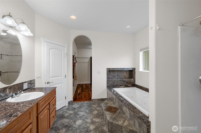10 Legacy Ln, Elma, WA 98541 - bathroom featuring a jetted tub, vanity, recessed lighting, and a shower