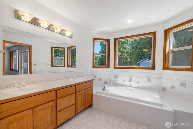 7104 84th St E, Puyallup, WA 98371 - full bath with a garden tub, double vanity, and tile patterned flooring