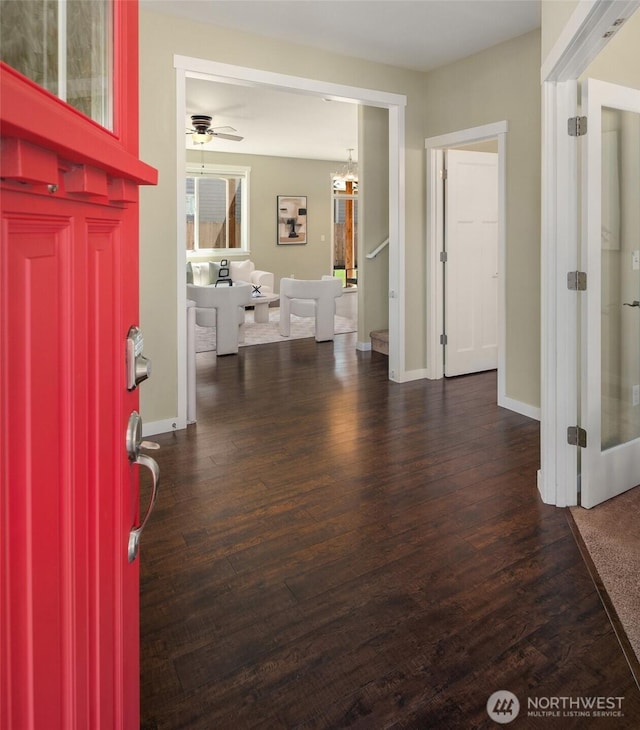 15230 Kayla St SE, Yelm, WA 98597 - foyer entrance with dark wood finished floors and a ceiling fan