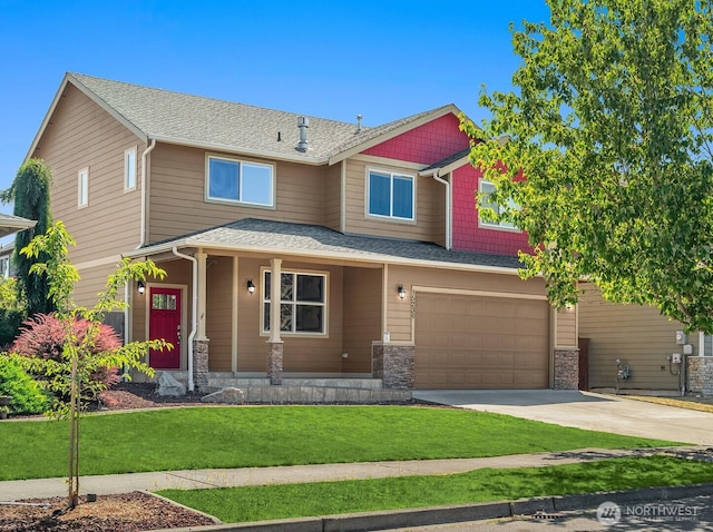 15230 Kayla St SE, Yelm, WA 98597 - craftsman-style house with covered porch, driveway, a garage, a front yard, and roof with shingles