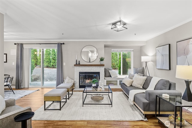 12618 109th Ct NE Unit H102, Kirkland, WA 98034 - living area featuring wood finished floors, plenty of natural light, crown molding, and a glass covered fireplace
