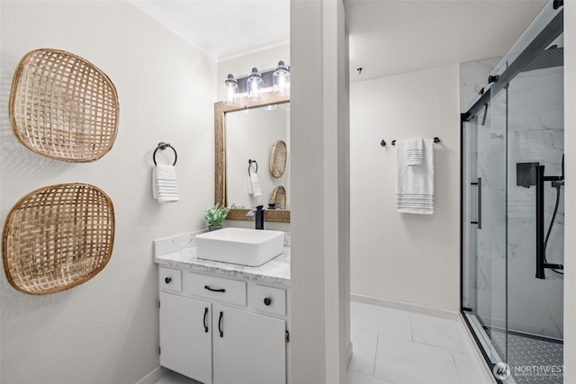 12618 109th Ct NE Unit H102, Kirkland, WA 98034 - bathroom featuring a marble finish shower, vanity, and ornamental molding
