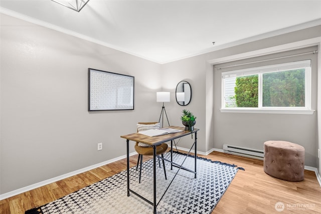 12618 109th Ct NE Unit H102, Kirkland, WA 98034 - office featuring a baseboard radiator, wood finished floors, and ornamental molding