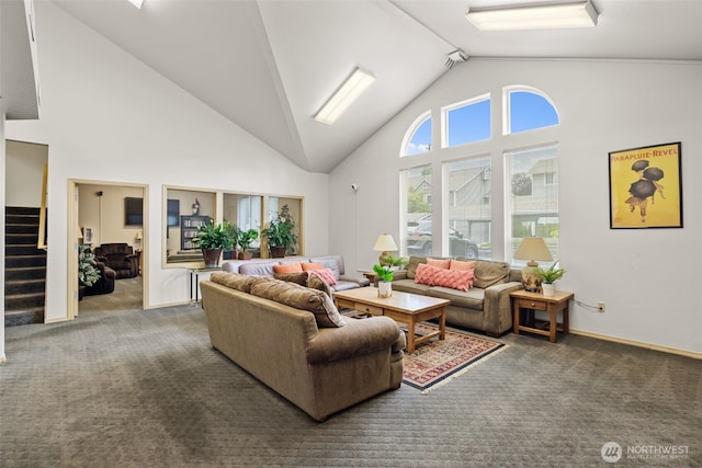 12618 109th Ct NE Unit H102, Kirkland, WA 98034 - carpeted living room featuring stairs and high vaulted ceiling