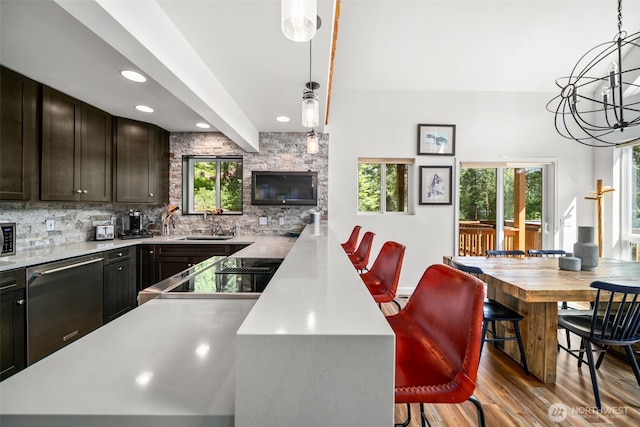 18725 River Rd, Leavenworth, WA 98826 - kitchen featuring dishwasher, wood finished floors, light countertops, decorative backsplash, and decorative light fixtures