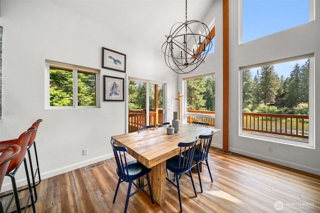 18725 River Rd, Leavenworth, WA 98826 - dining room featuring a towering ceiling, a chandelier, and wood finished floors