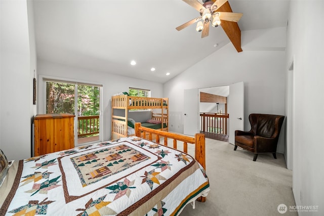 18725 River Rd, Leavenworth, WA 98826 - bedroom featuring carpet floors, recessed lighting, beam ceiling, access to exterior, and high vaulted ceiling