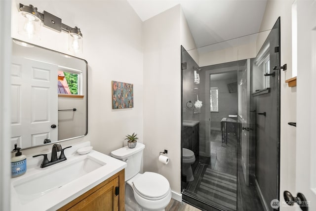 18725 River Rd, Leavenworth, WA 98826 - full bath with vanity, a shower stall, and vaulted ceiling