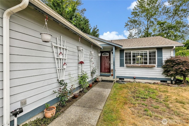 223 Nugget Rd, Gold Bar, WA 98251 - view of exterior entry featuring a shingled roof and crawl space