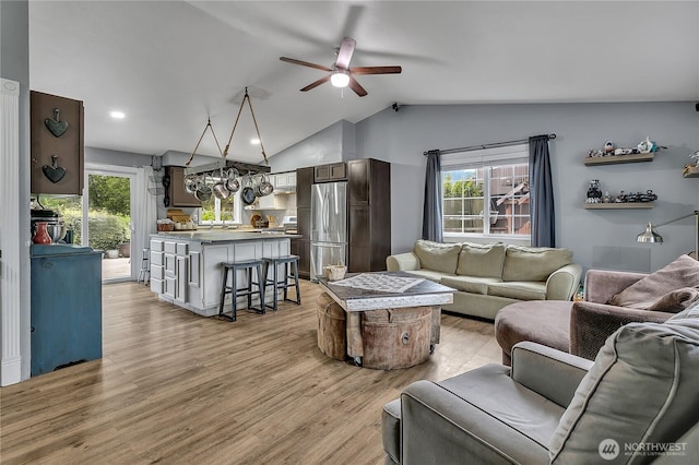 223 Nugget Rd, Gold Bar, WA 98251 - living room featuring ceiling fan, vaulted ceiling, plenty of natural light, light wood-style floors, and recessed lighting