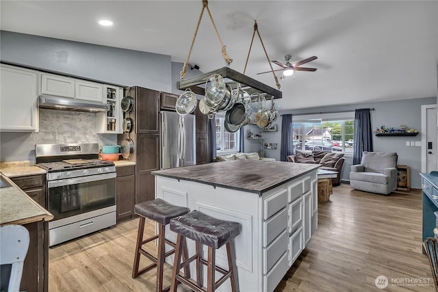 223 Nugget Rd, Gold Bar, WA 98251 - kitchen featuring appliances with stainless steel finishes, under cabinet range hood, a ceiling fan, vaulted ceiling, and light wood-style flooring