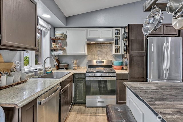 223 Nugget Rd, Gold Bar, WA 98251 - kitchen featuring stainless steel appliances, light wood-style floors, under cabinet range hood, lofted ceiling, and recessed lighting